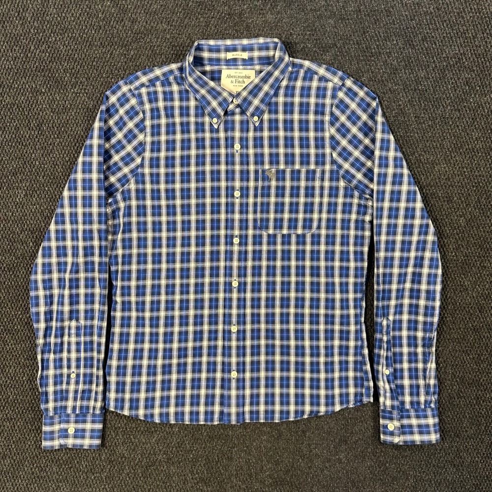 Abercrombie & Fitch Button Down Shirt Mens XL Muscle Fit Blue Plaid Long Sleeve